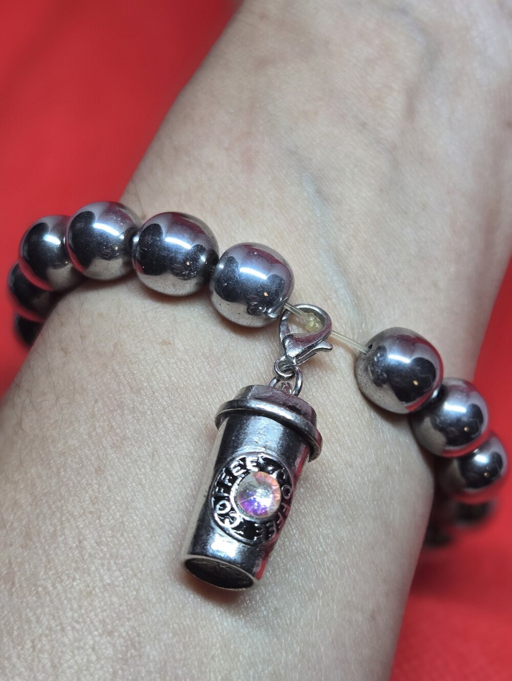 ​Hematite Metallic Bead Stretch Bracelet w Rhinestone Coffee Cup Charm Cute Y2k